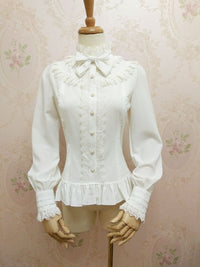 Yilia - Cross Lace Yoke - Stand Collar Lantern Sleeve Blouse - XS / Ivory