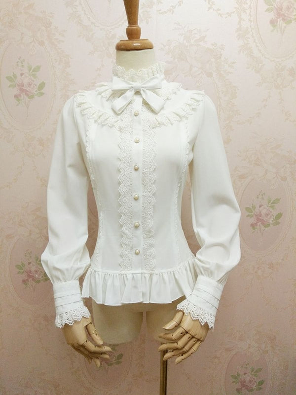 Yilia - Cross Lace Yoke - Stand Collar Lantern Sleeve Blouse