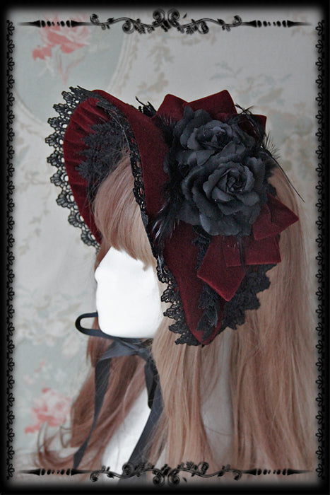 Rose Sanctuary - Gothic Lolita Bonnet adjustable dark red topless Bonnet