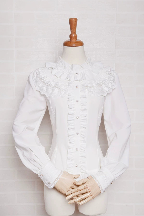 Yilia - Court Frills - Stand Collar Long Sleeve Blouse