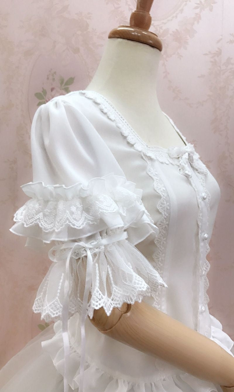Yilia - Square Neck Frills - Short Hime Sleeve Chiffon Blouse