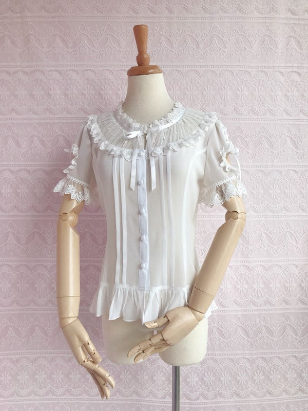 Yilia - Ribbon Puff Sleeve - Sheer Pearl Chiffon Blouse