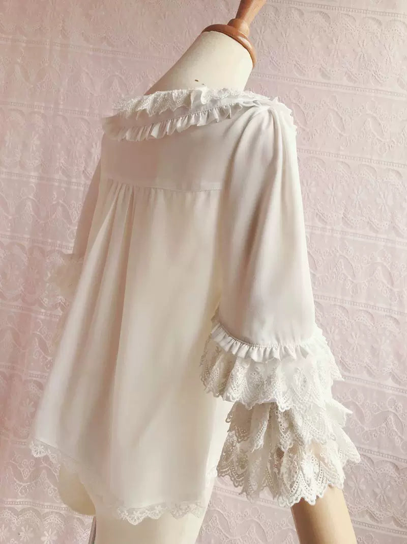 Yilia - Soft Lace Yoke - Loose Three Quarter Sleeve Blouse