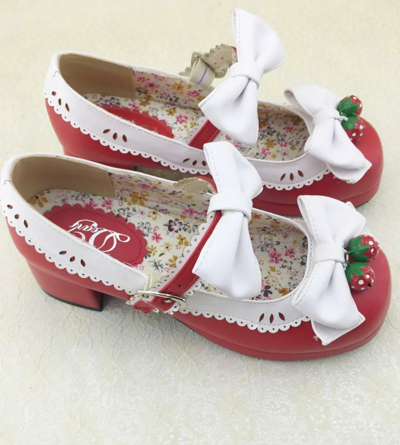 Meixie Strawberry Bell red shoes with white bows and strawberry accents
