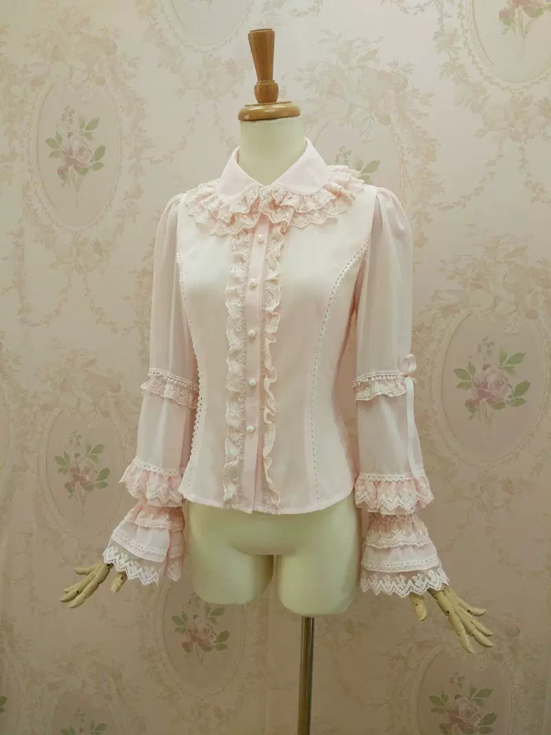 Yilia - Double Ruffle Collar - Small Hime Sleeve Chiffon Blouse