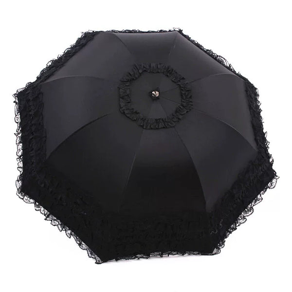 Pink foldable Lolita parasol with layered ruffle trim.