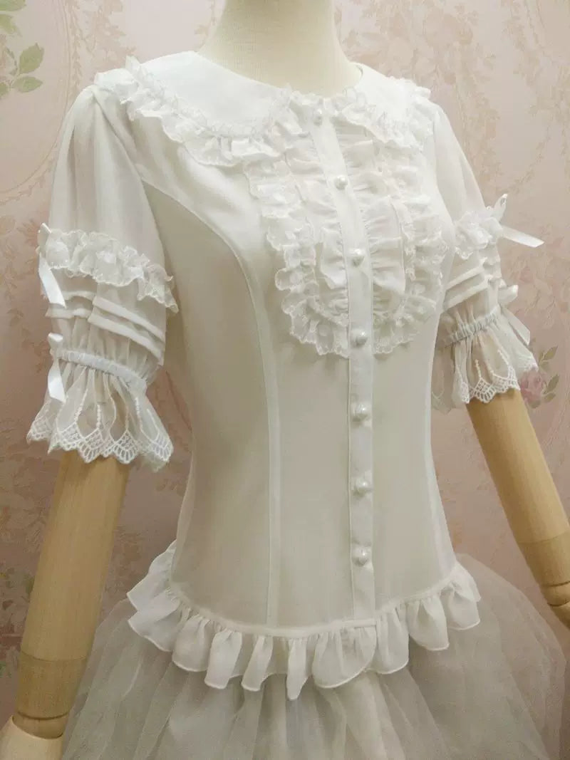 Yilia - Lace Scallop Bib - Peter Pan Collar Bell Sleeve Blouse
