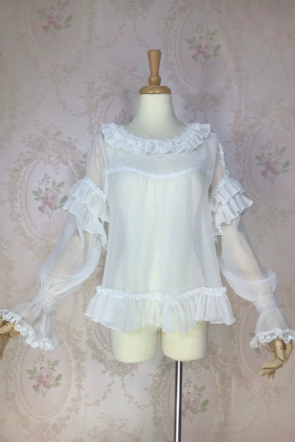 Yilia - Sheer Ruffle - Hime Sleeve Chiffon Blouse
