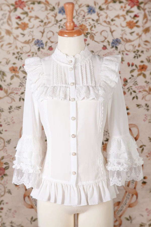 Yilia - Frilled Bib - Cropped Sleeve Chiffon Blouse