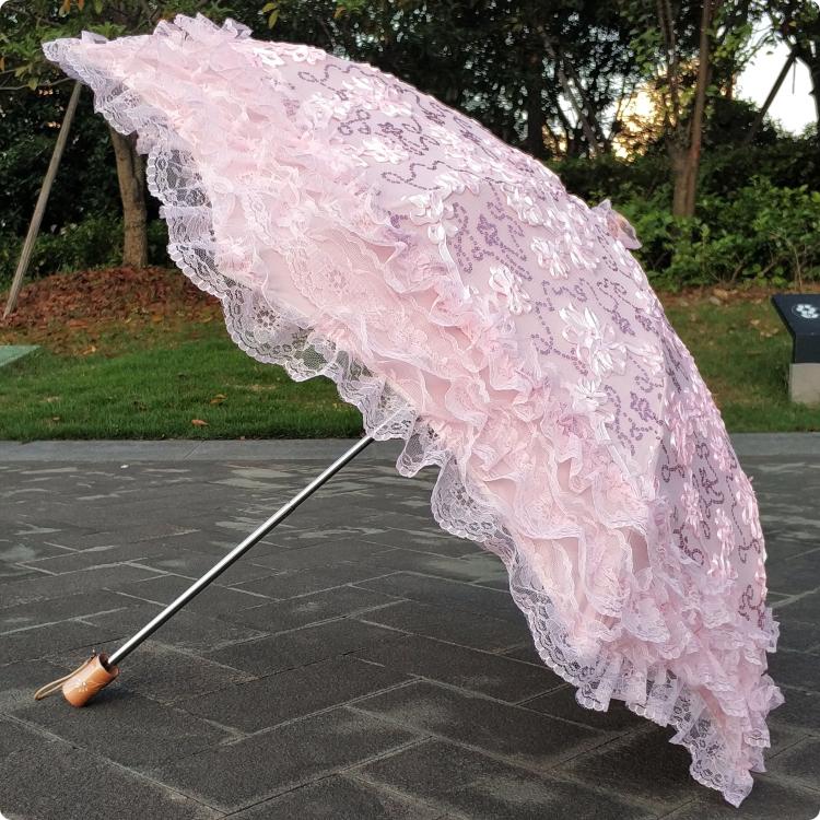 HualiBaLa - Foldable Princess - Lace-Trimmed Lolita Parasol with Sequin Florals - product detail 3