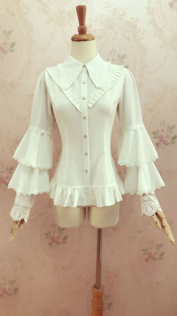 Yilia - Pleated Collar - Tiered Bell Sleeve Blouse
