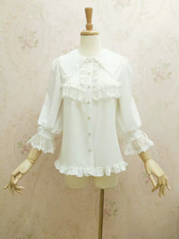 Yilia - Peter Pan Capelet - Three Quarter Sleeve Chiffon Blouse - M / Apricot