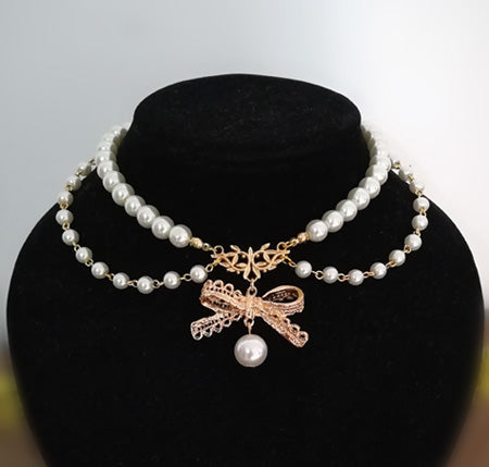 Rose of Sharon - Pearl Chain Lace Bow Lolita Kawaii - Necklace Neckwear