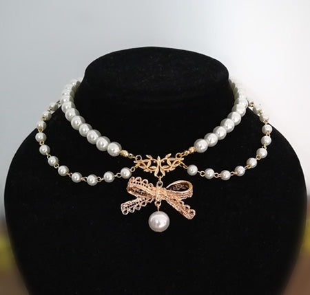 Rose of Sharon - Pearl Chain Bow - Lolita necklace with double pearl chains - product detail 3