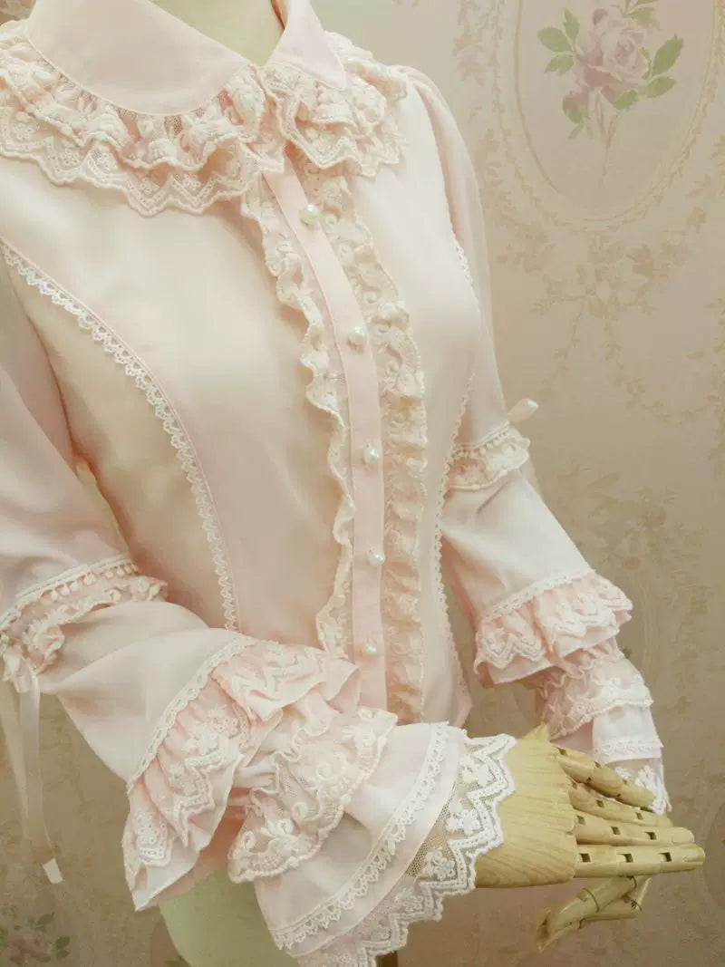 Yilia - Double Ruffle Collar - Small Hime Sleeve Chiffon Blouse