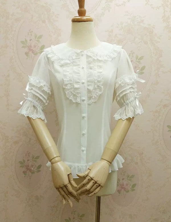 Yilia - Lace Scallop Bib - Peter Pan Collar Bell Sleeve Blouse