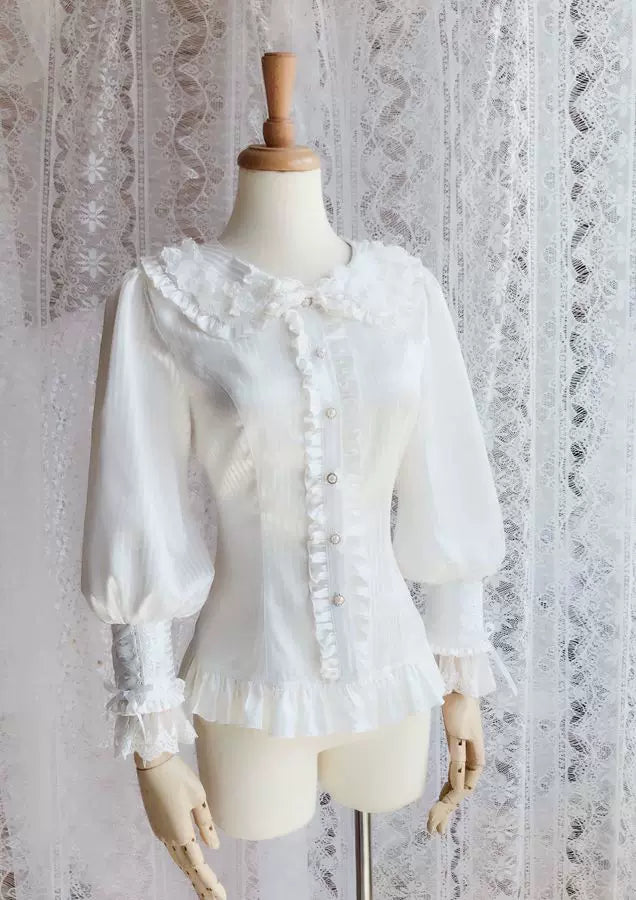 Yilia - Ruffled Button Front - Fitted Peter Pan Collar Long Sleeve Blouse