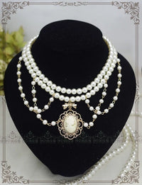 Rose of Sharon - Manor Ball II - Retro Lolita Necklace Pearl Necklace - White pearl + golden brown sculpture