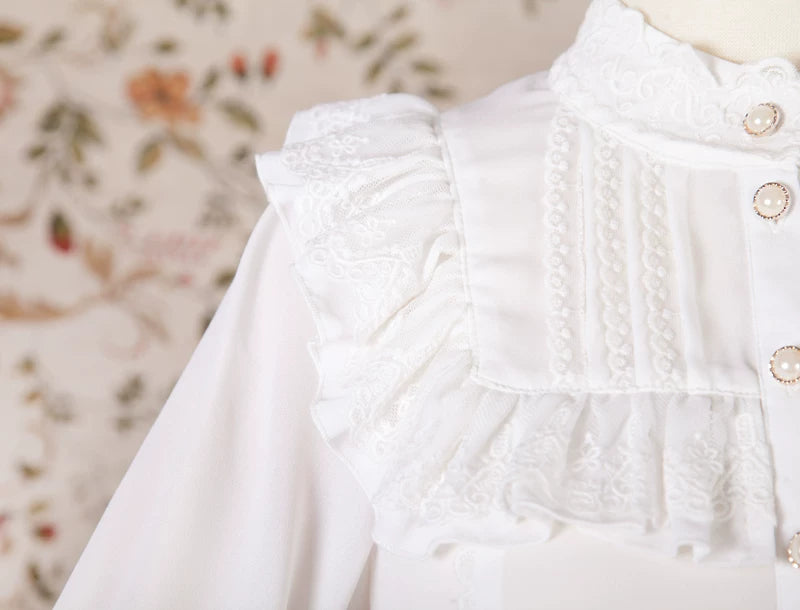 Yilia - Frilled Bib - Cropped Sleeve Chiffon Blouse