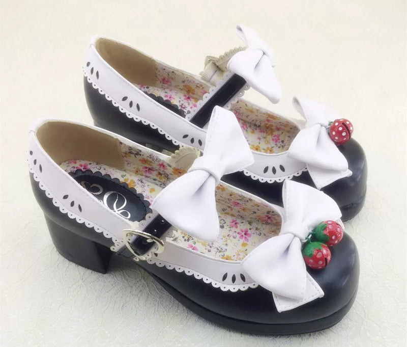 Meixie Strawberry Bell black shoes with white bows