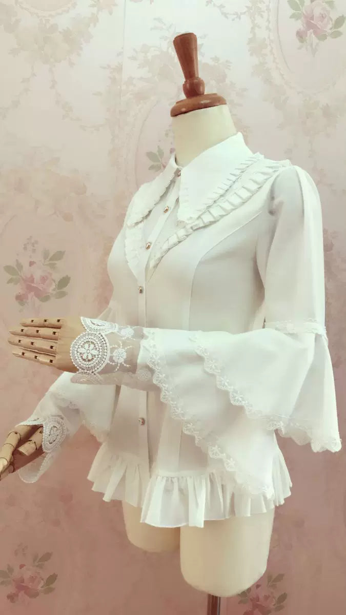 Yilia - Pleated Collar - Tiered Bell Sleeve Blouse