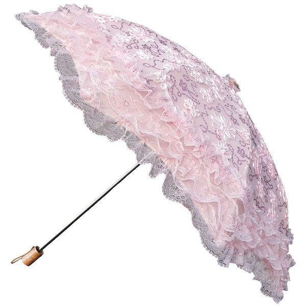 Pink lace Lolita parasol with sequin floral detailing and scalloped trim