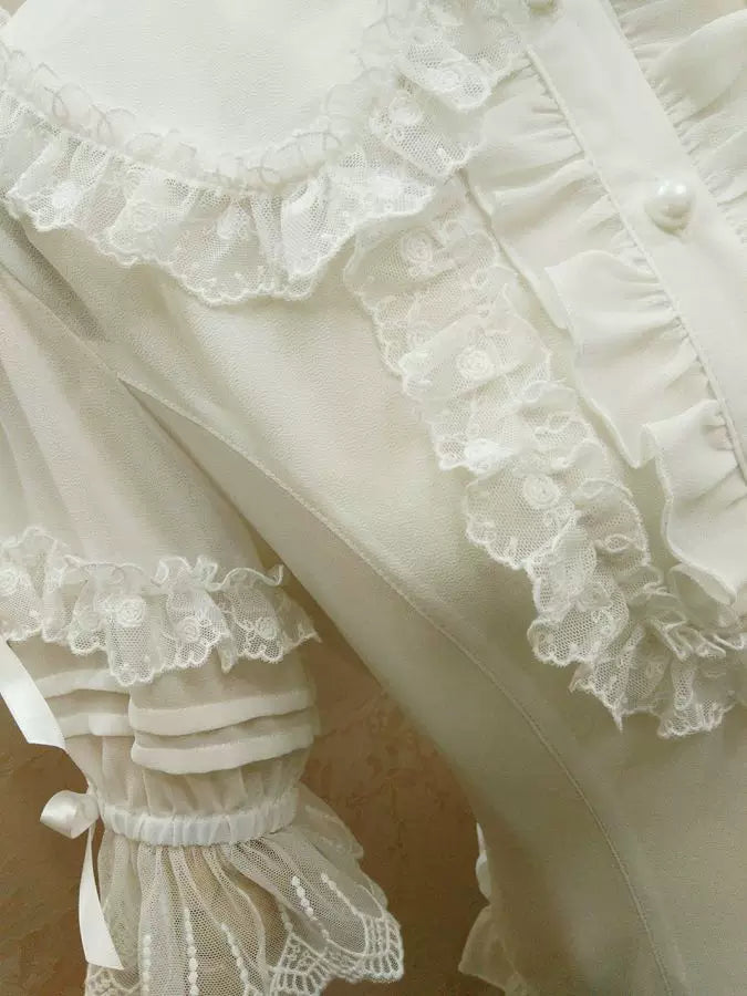 Yilia - Lace Scallop Bib - Peter Pan Collar Bell Sleeve Blouse