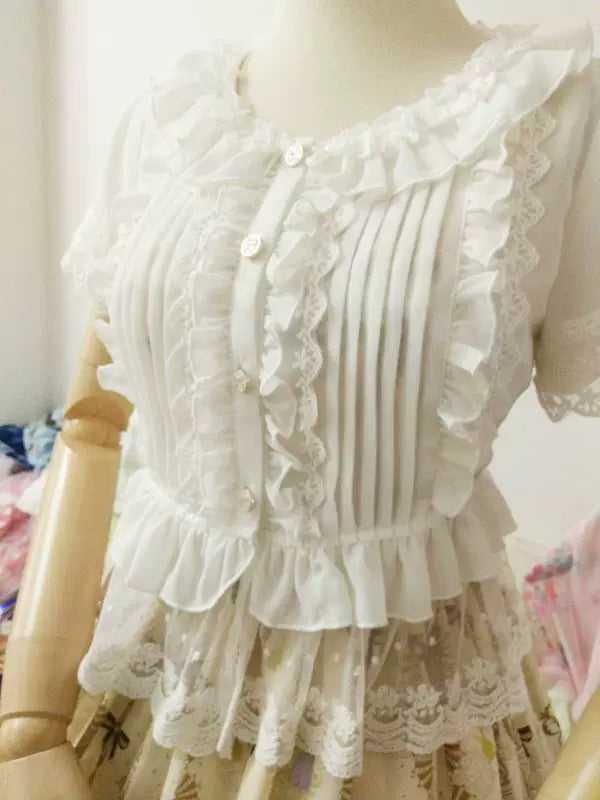 Yilia - Lace Peplum - Pintuck Short Sleeve Blouse