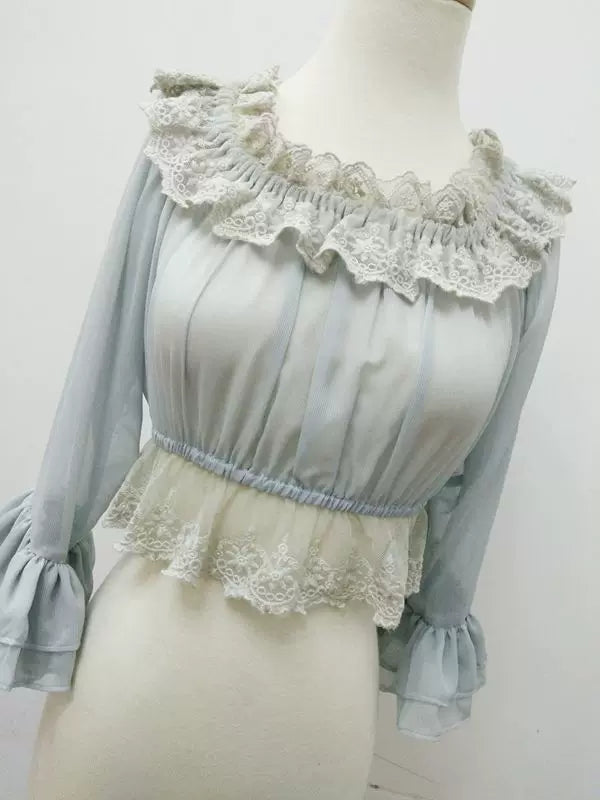 Yilia - Ruffle Neck Crop - Sheer Elbow Sleeve Chiffon Blouse