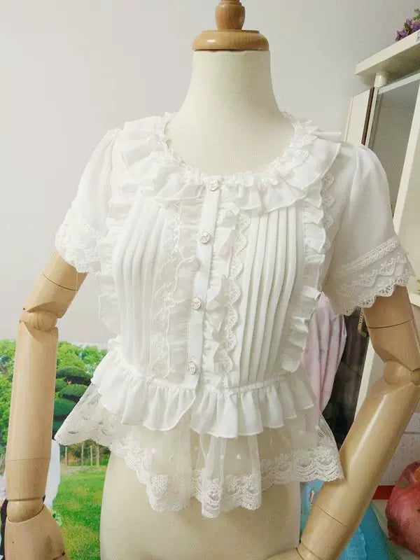 Yilia - Lace Peplum - Pintuck Short Sleeve Blouse