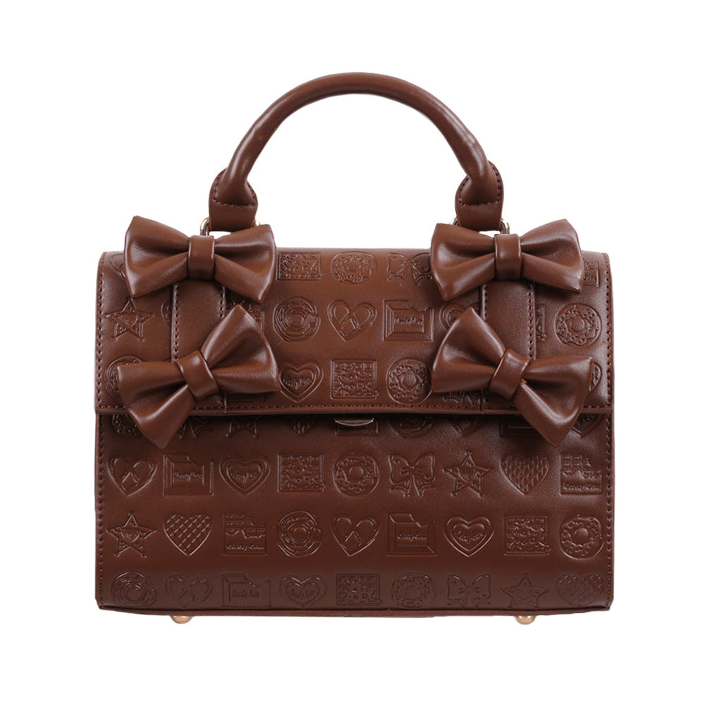 Brown square embossed Lolita bag with four front bows
