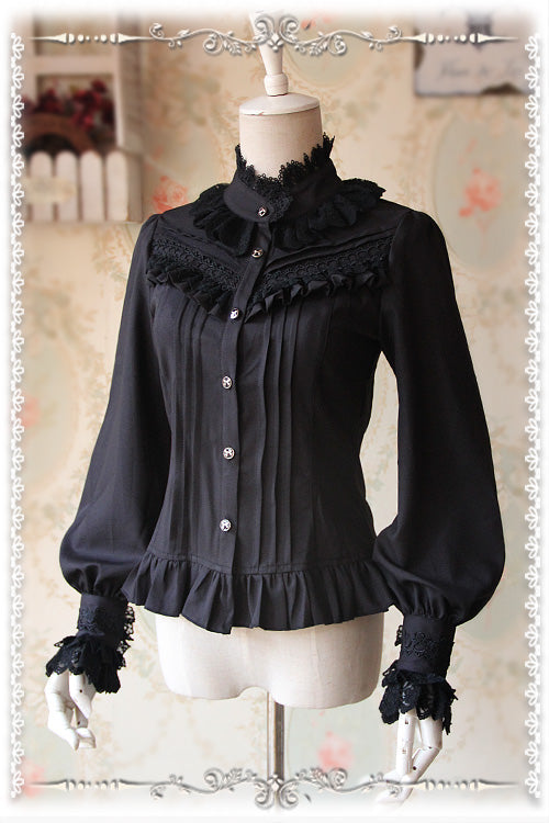 Fragrance - Lace Ruffle Pin Tucks Classic Lolita Blouse S Black