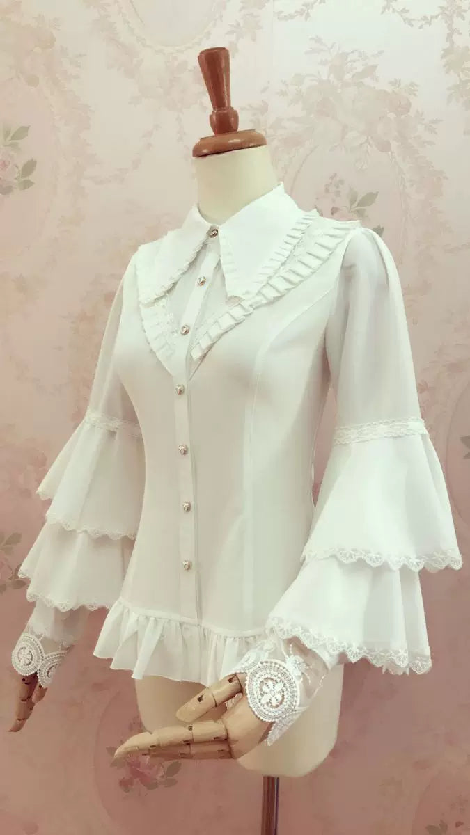 Yilia - Pleated Collar - Tiered Bell Sleeve Blouse
