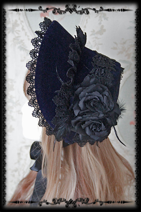 Rose Sanctuary - Gothic Lolita Bonnet adjustable navy blue topless Bonnet