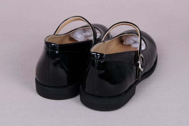Rear view of Meixie College Classic black Mary Jane shoes and low heels