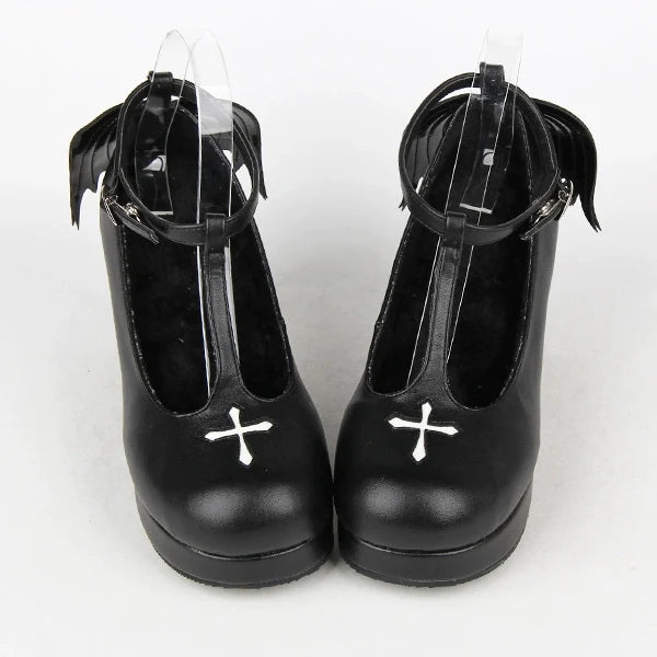 Angelic imprint - Cross Wings - Lolita shoes with cross-stitch details and optional angel wings