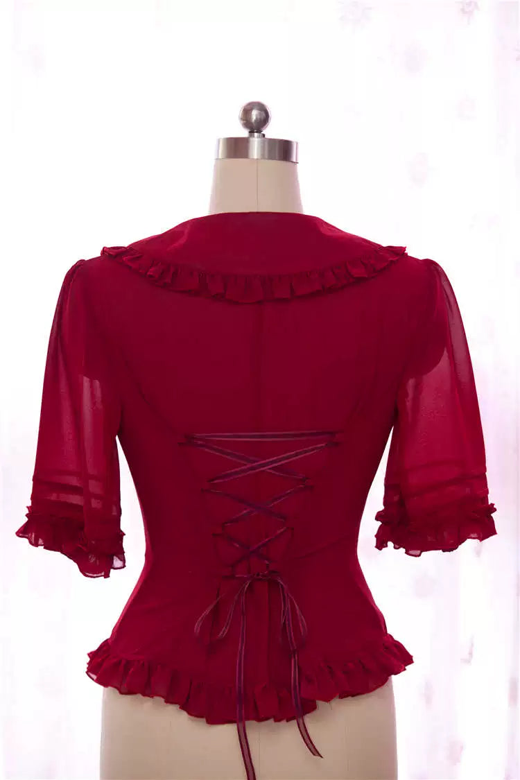 Yilia - Ribbon Back - Peter Pan Collar Ruffle Blouse