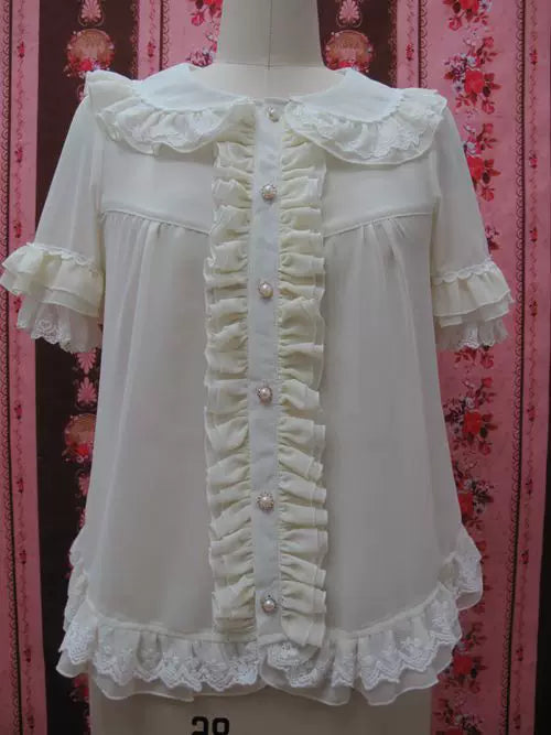 Yilia - Loose Peter Pan - Short Sleeve Chiffon Blouse