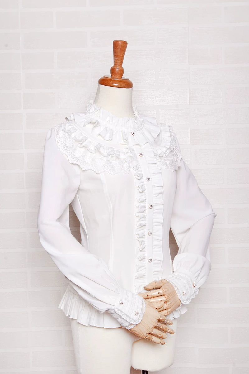 Yilia - Court Frills - Stand Collar Long Sleeve Blouse