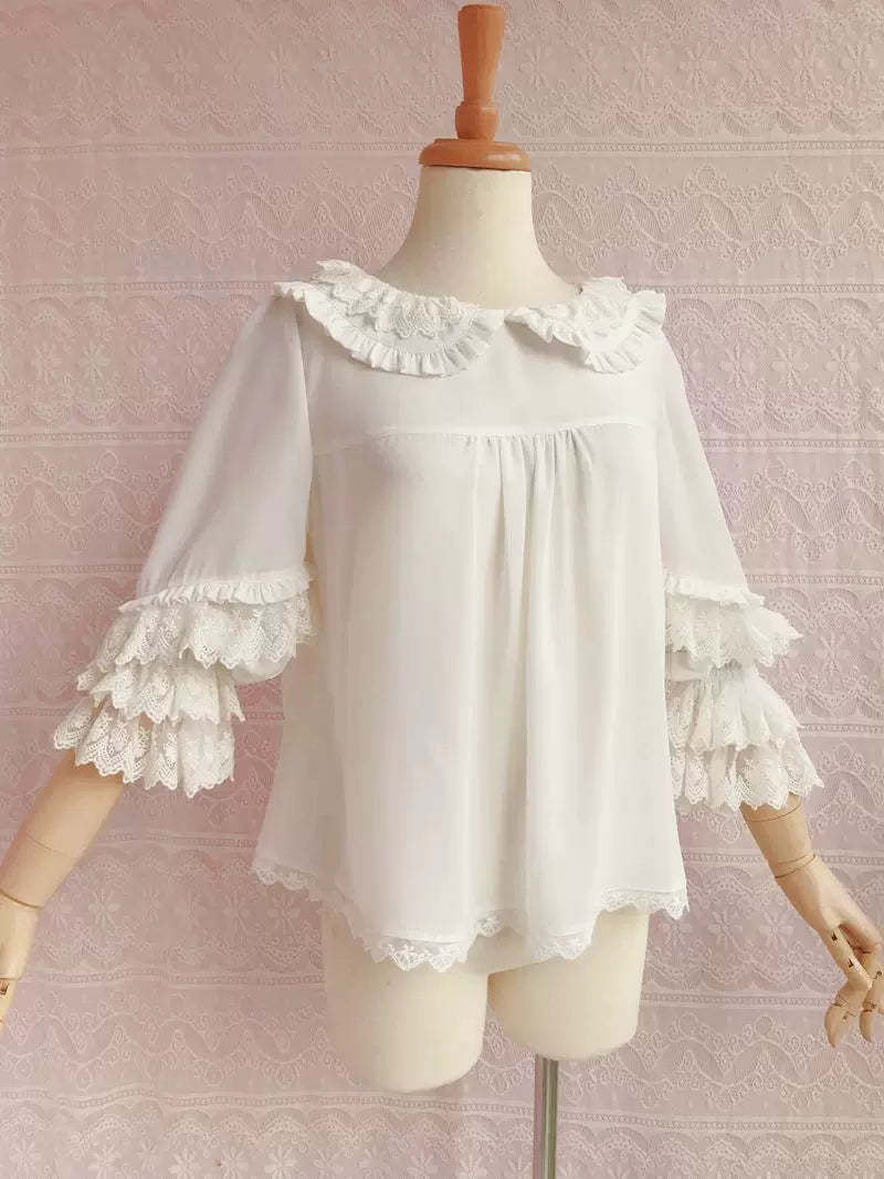Yilia - Soft Lace Yoke - Loose Three Quarter Sleeve Blouse
