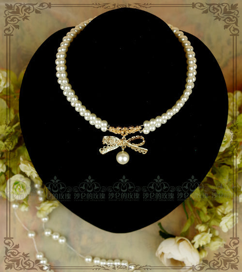 Rose of Sharon - Pearl Chain Lace Bow Lolita Kawaii - Necklace Neckwear