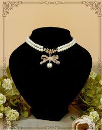 Rose of Sharon - Pearl Chain Lace Bow Lolita Kawaii - Necklace Neckwear - double layers pearl chain