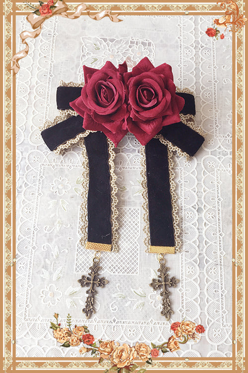 Doll House - Sweet Lolita Accessory Bow Rose Brooch Black rose cross
