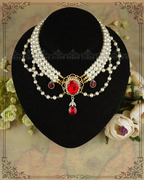 Rose of Sharon - Customized Lolita Pearl Necklace - with Gemstone Pendants Neckwear