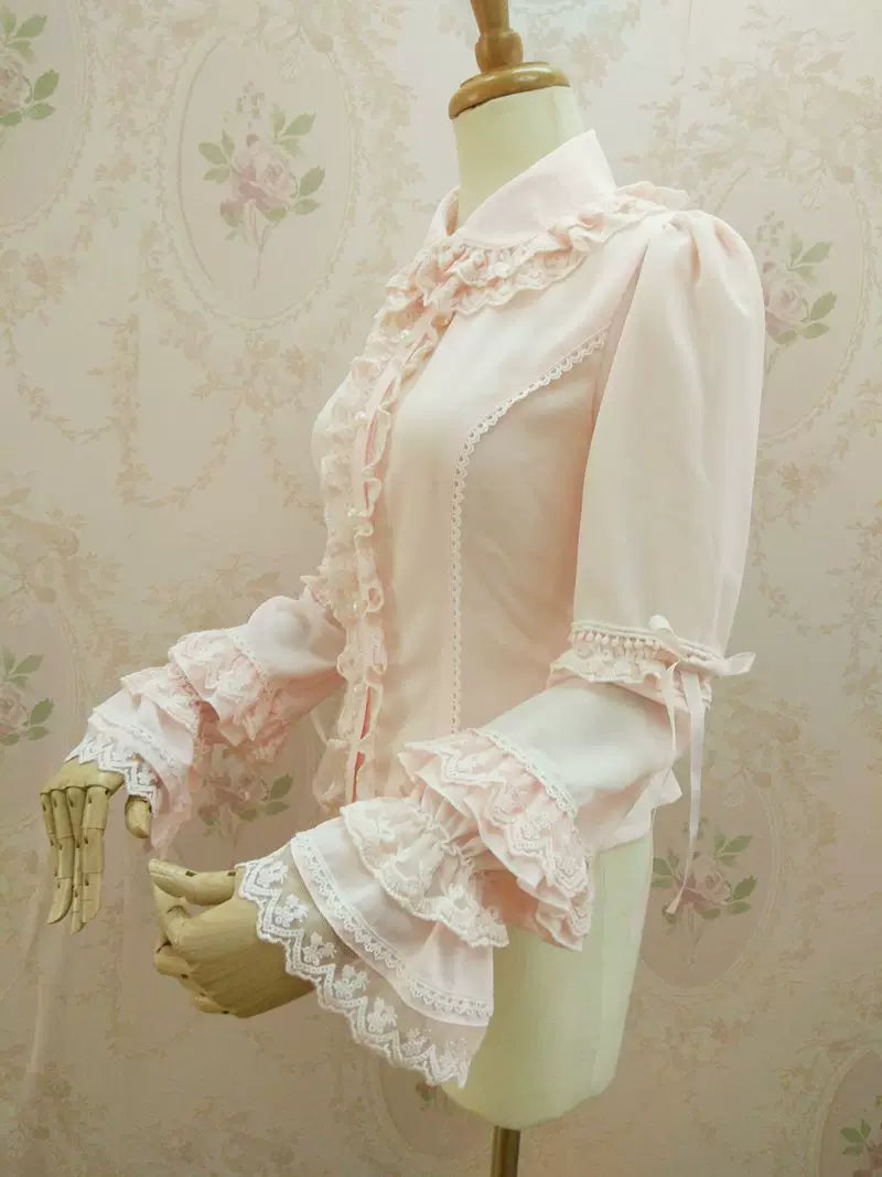Yilia - Double Ruffle Collar - Small Hime Sleeve Chiffon Blouse