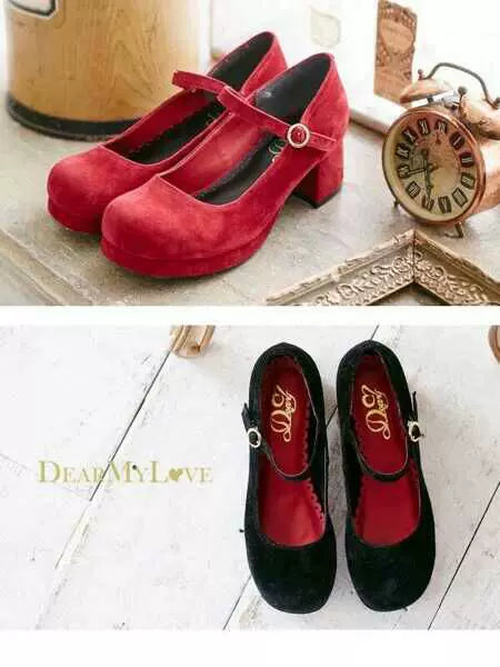 Meixie Retro Platform Mary Jane heels in red and black, side and top views