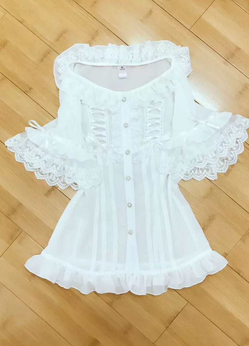 Yilia - Ribbon Lace Bib - Fitted Short Sleeve Chiffon Blouse