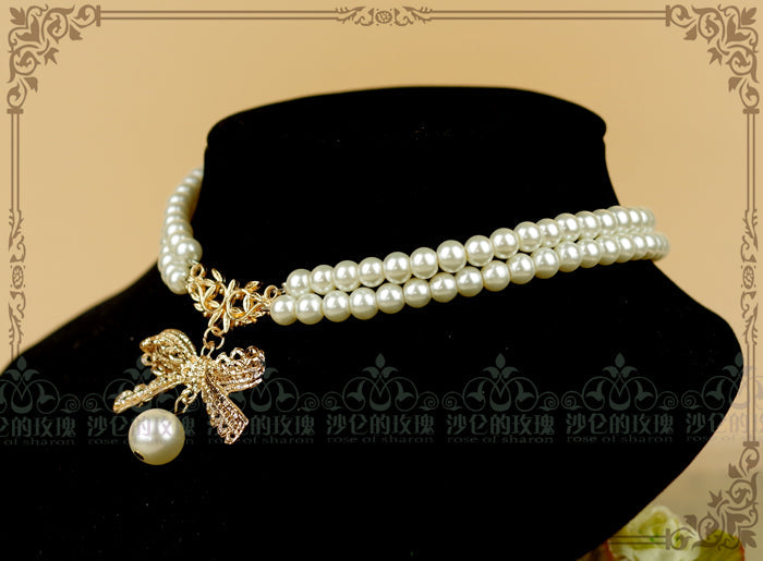Rose of Sharon - Pearl Chain Lace Bow Lolita Kawaii - Necklace Neckwear