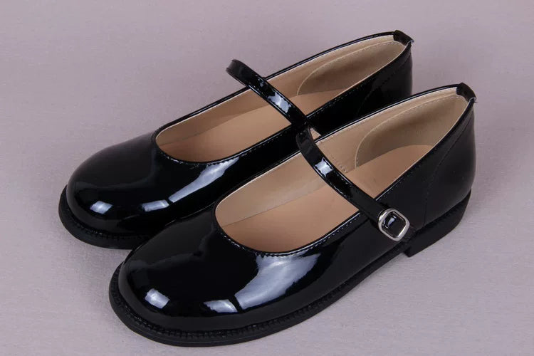 Meixie College Classic black patent-finish shoes, front and side view