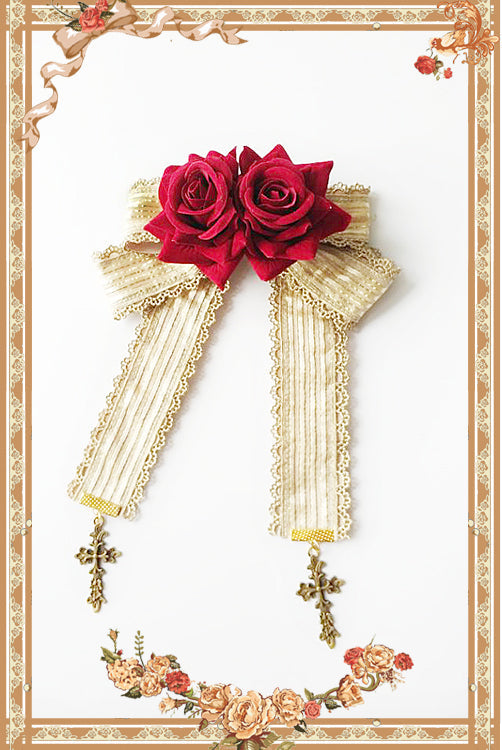 Doll House - Sweet Lolita Accessory Bow Rose Brooch Golden rose cross
